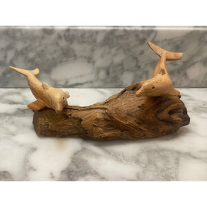 Hand Carved Wood Dolphin Sculpture on Driftwood Base Coastal Folk Art